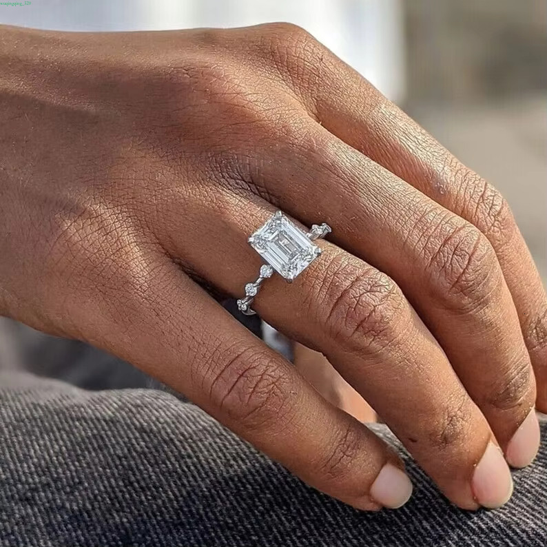 3.35 TCW Colorless Emerald Cut Moissanite Solitaire Ring 14K White Gold gorgeous