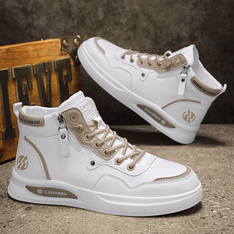 2025 New Men's Leather Spliced High Top Shoes For Outdoor Leisure White Snow Boots For Autumn Warmth No Lace Up Side Zipper Flat Bottomed Board M