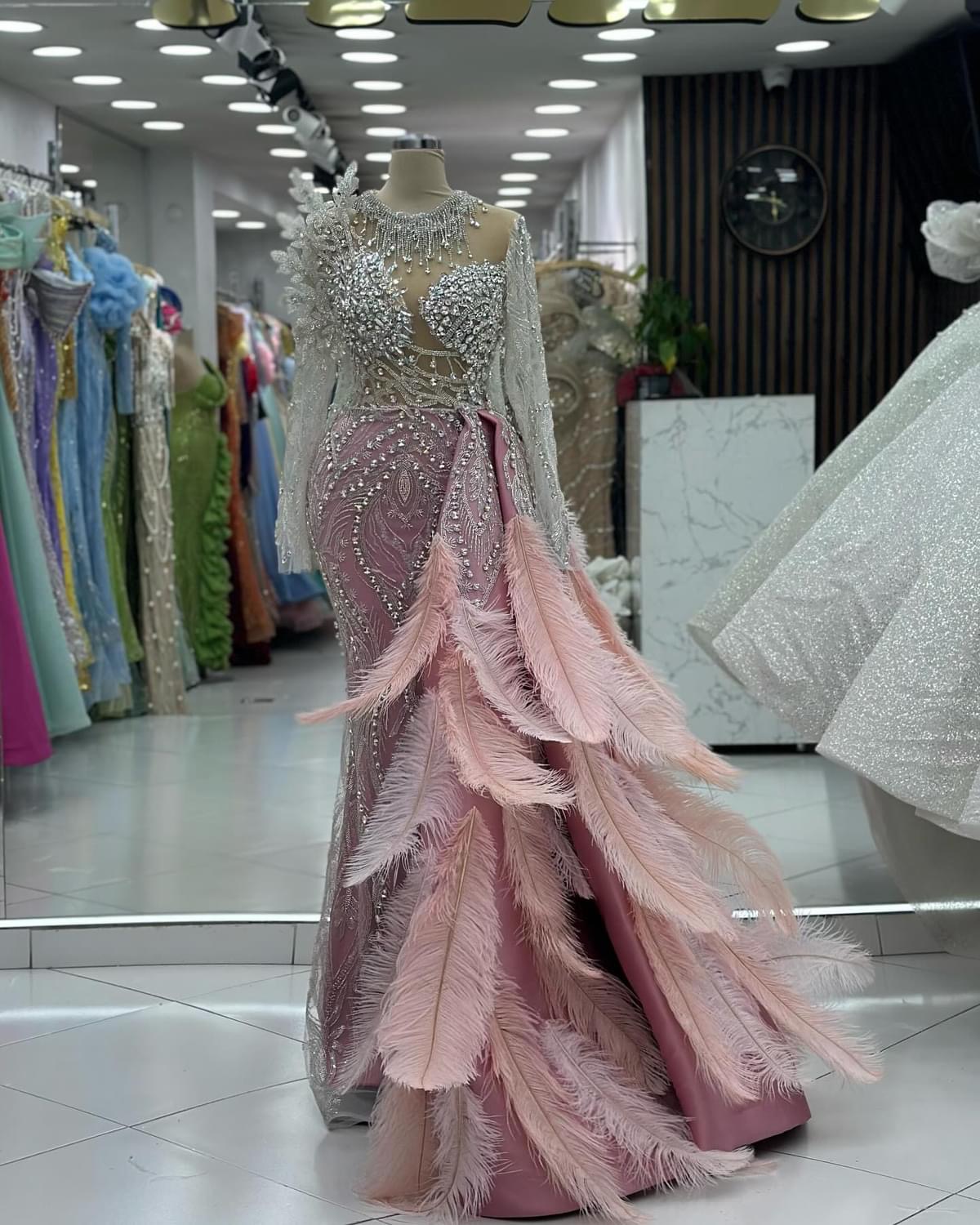 2024 Plus Size Pink Mermaid Prom Dresses For Special Occasions Florals Rhinestones Feather Evening Party Birthday Gowns Dress For Women Vestidos de no