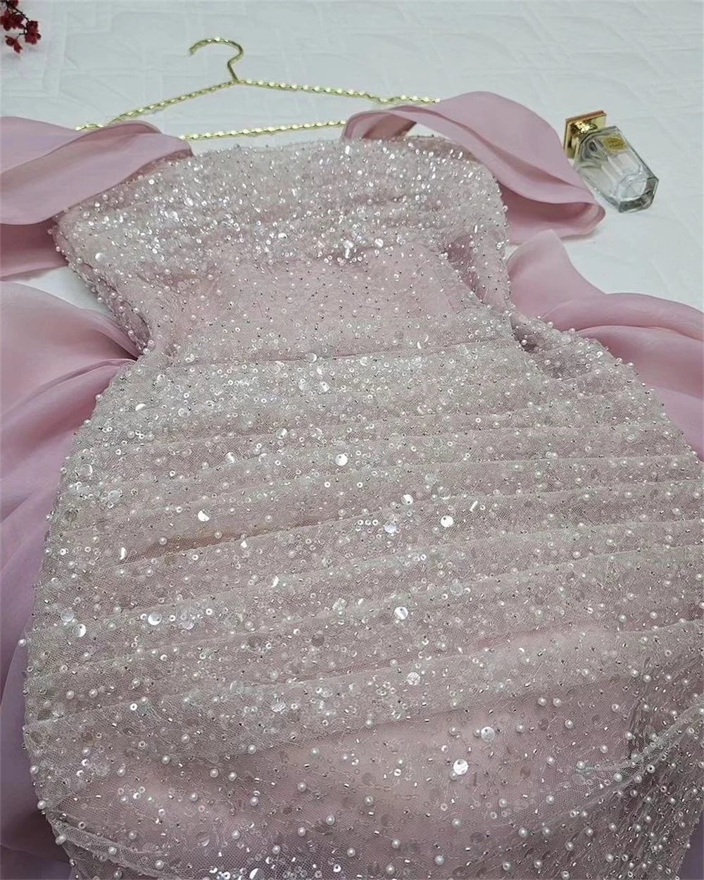 Elegant Pink Mermaid Evening Dress 2024 Off-the-shoulder Sequins Beads Organza Women Prom Formal Gowns Vestidos De Feast Robe De Soiree