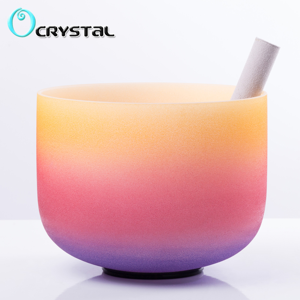 8" Note E Solar Plexus Chakra Rainbow Colored Frosted Quartz Crystal Singing Bowl