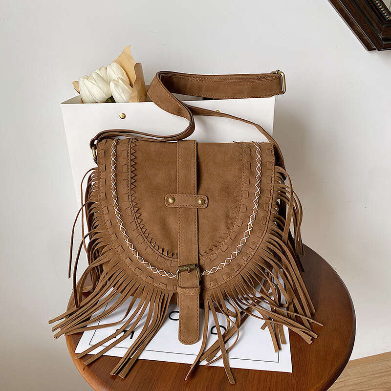 Tassel travel outfit, suede style, Bohemian hanging bag, one slanted shoulder bag