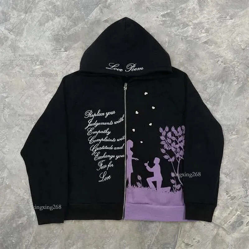 Men's Hoodies Harajuku Hip-hop Retro Print Mens Clothes Graphic Y2k Top Oversized Hoodie Streetwear Goth Women Zip Up