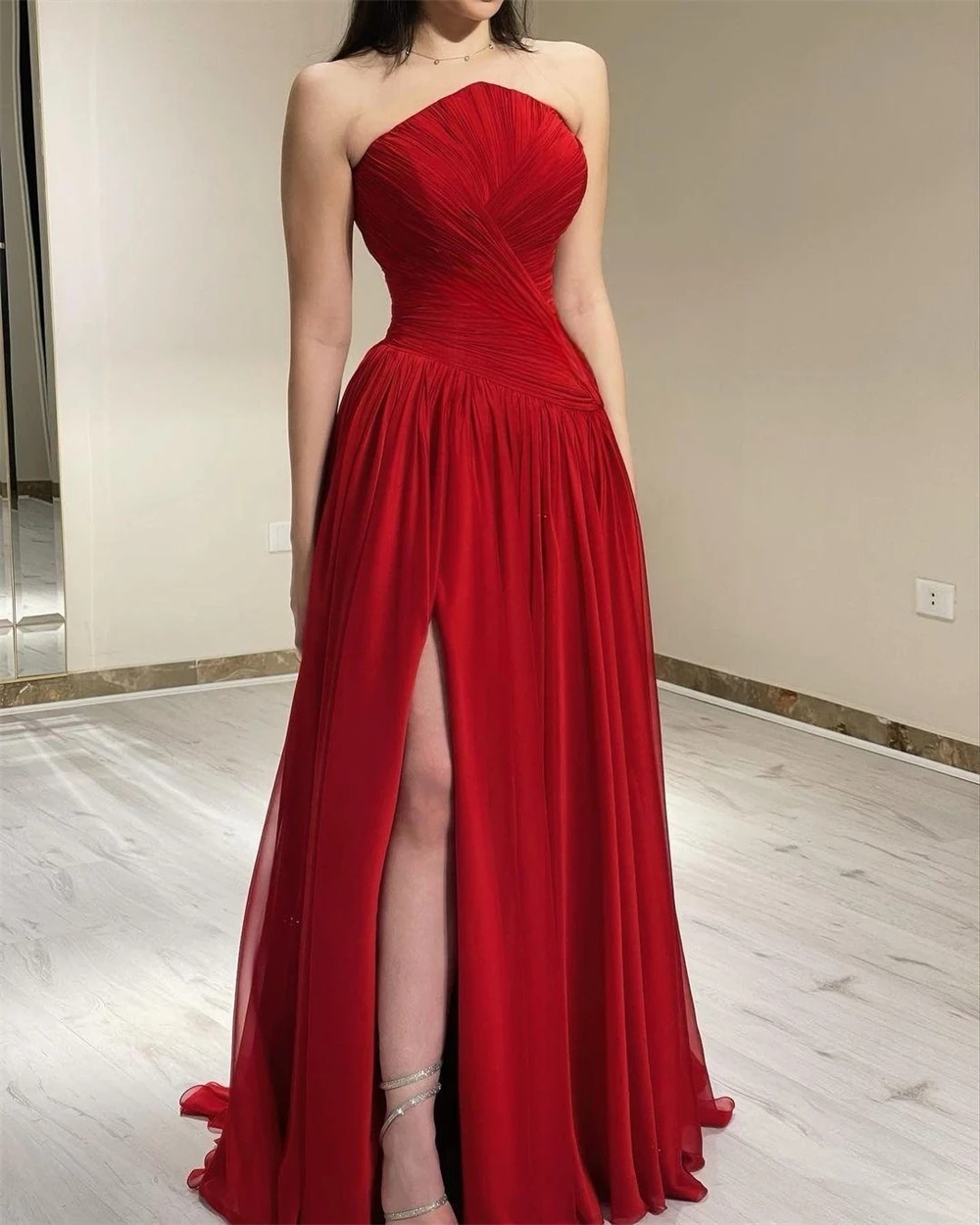 Elegant Bury Evening Dress 2024 Strapless Draped Silt A-E Chiffon Women Prom Formal Gowns Vestidos Feast Robe De Soiree