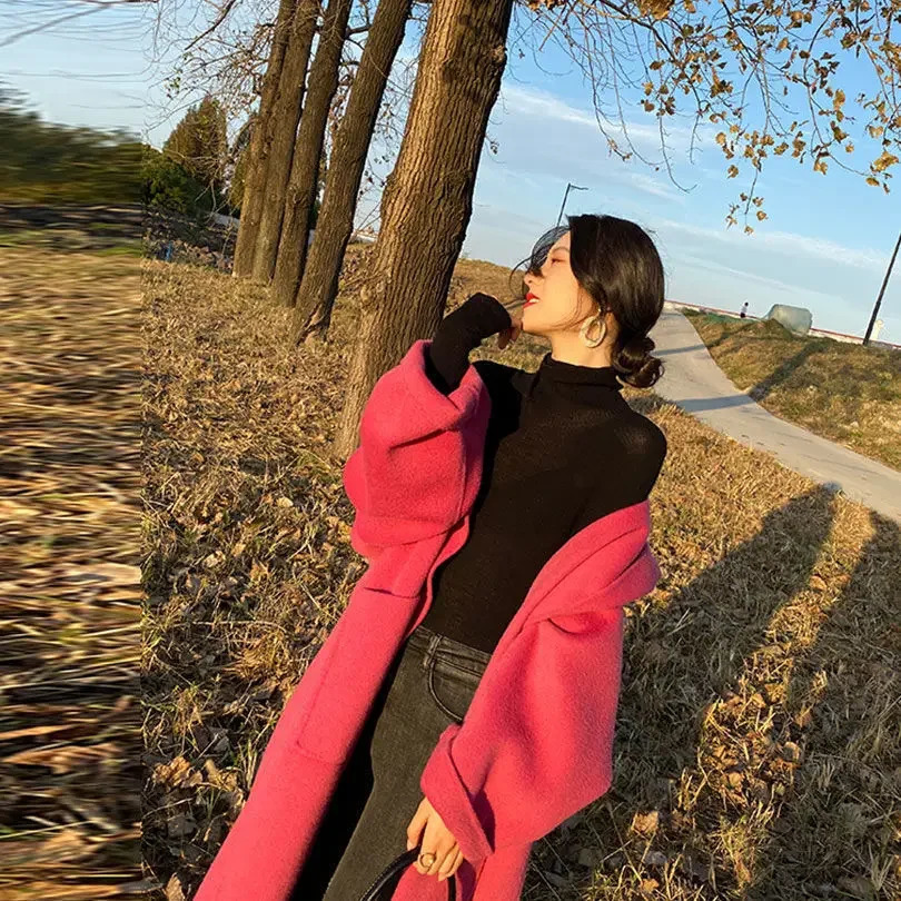 Rose red double-sided womens coat autumn/winter item Korean fashion hooded mid length wool jacket womens winter clothing 241108