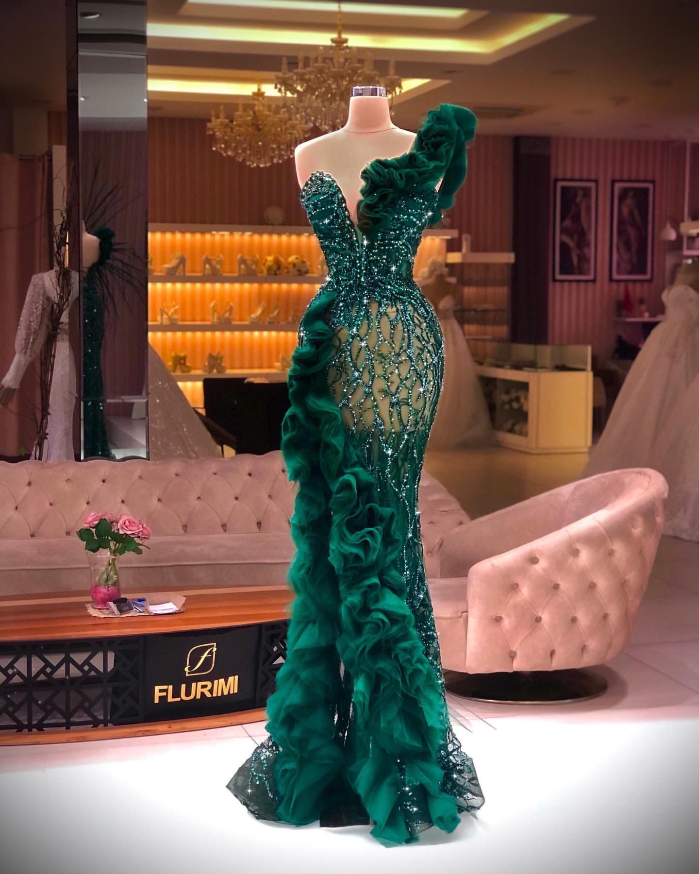 Green Crystal Mermaid Evening Elegant Side Split Ruffles Tulle Prom Dress Glitter Sequins Beads Custom Made Formal Dresses For Women