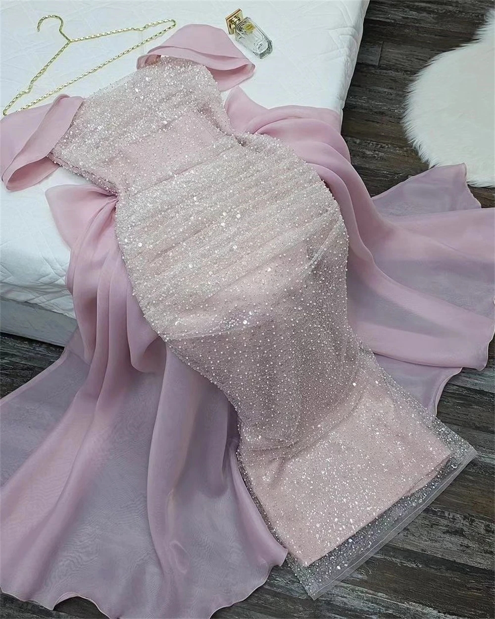 Elegant Pink Mermaid Evening Dress 2024 Off-the-shoulder Sequins Beads Organza Women Prom Formal Gowns Vestidos De Feast Robe De Soiree