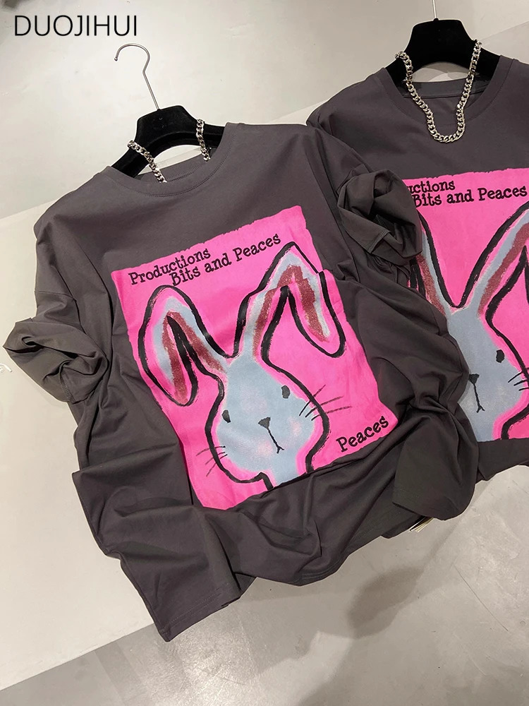 DUOJIHUI Dark Grey Summer Fashion Printed Sweet Female Tshirts Oneck Spell Color Simple Casual Street Loose Women Tshirts 240409