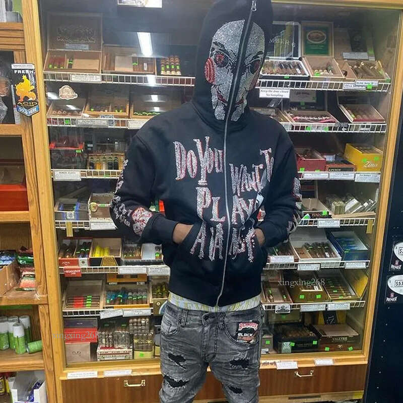 Men's Hoodies Y2K Full Zip Up Women Autumn Winter Gothic Rhinestones Web Hip Hop Grunge Skeleton Slouchy Long Sleeve Zipper Oversized Jacket& Swe