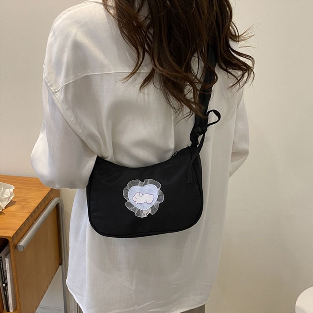 Lace Love Rabbit Underarm Bag Solid Color Large Capacity Pleated Strap Shoulder Bag Korean Style Tote Bag Sweet Handbag Outdoor