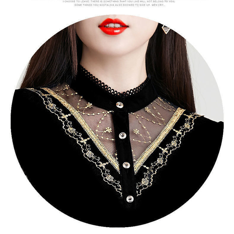 Slim Stretch Korean Bottoming Shirt 2025 Warm Autumn new and Winter New Thin/veet Padded Black Lace Blouse T Shirt 5XL