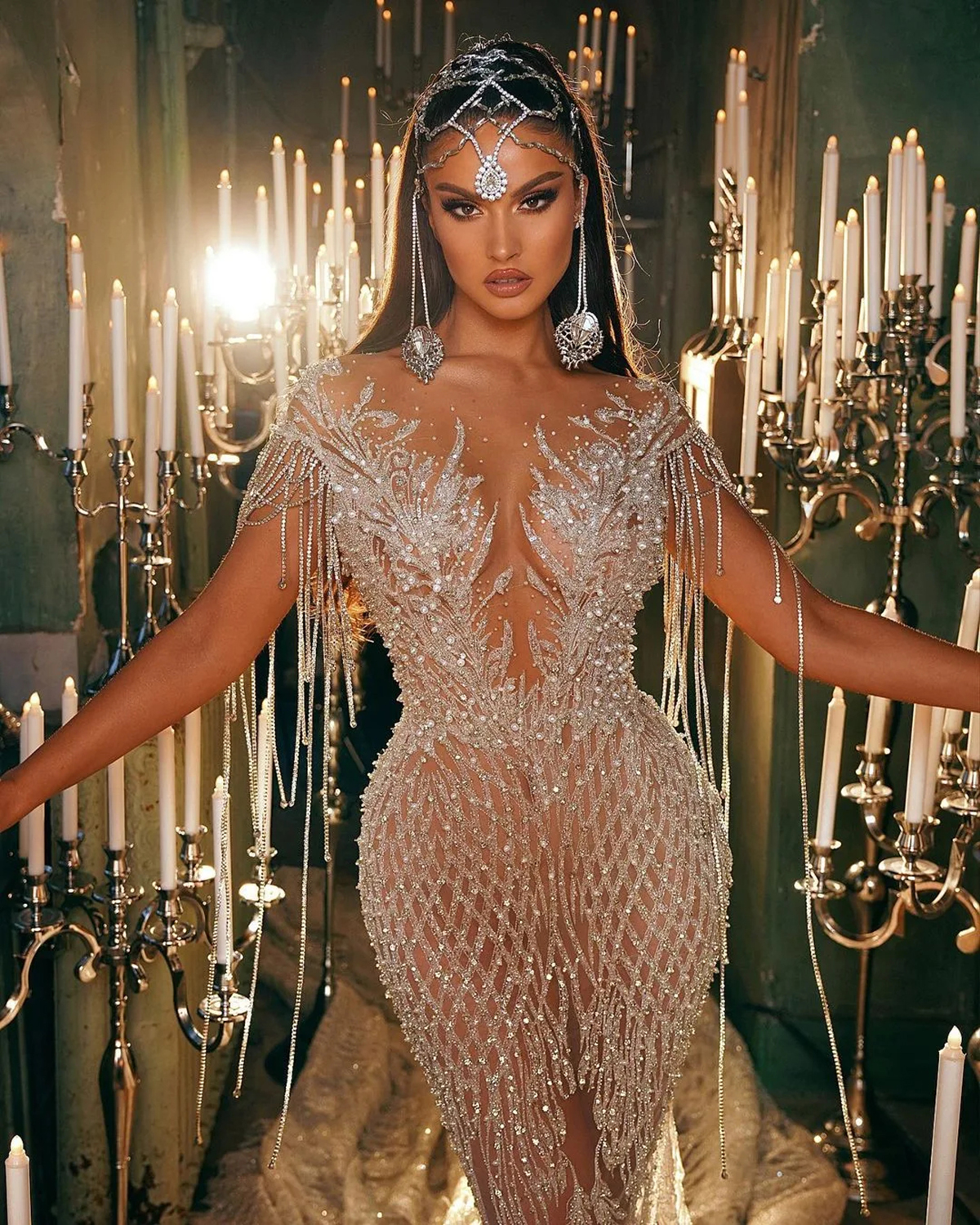 Glitter Mermaid Wedding Dresses See Through Bridal Gowns Pearl Sequins Tassel Rhinestone Custom Made Illusion Monarch Train Vestidos De Novia