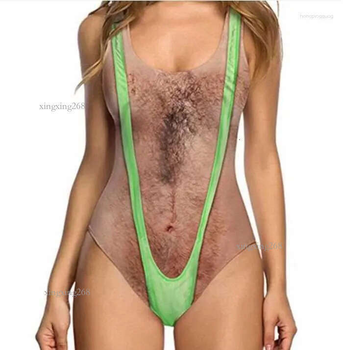 Women's Swimwear Funny Borat Printed One Piece Swimsuit Women Sexy Chest Hair Bathing Suit Summer Joke Bather Novelty Beachwear