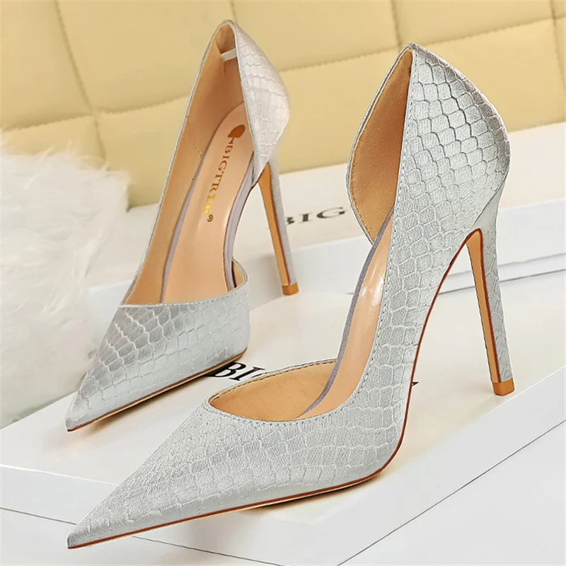 Women 7.5cm 10.5cm High Heels Elegant Pumps Lady Plus Size Silk Satin Green Silver Wedding Stiletto Low Heels Fetish Party Shoes 241108