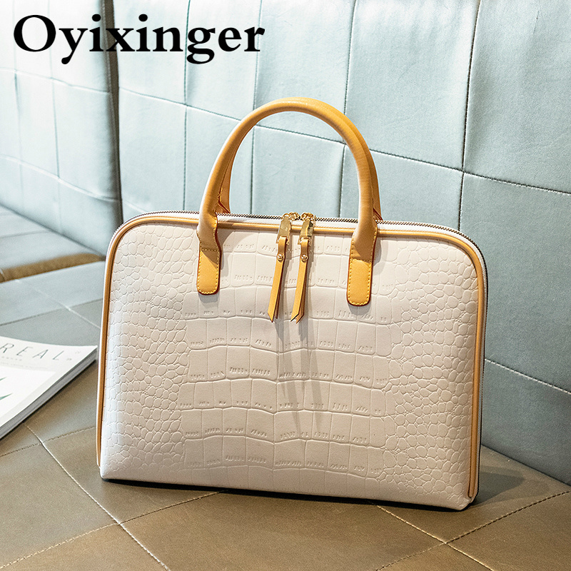 2025 OYIXINGER New Crocodile Pattern Women Briefcase Genuine new Leather Handbag Ladies High Quality Briefcase For 14" 15'' Laptop