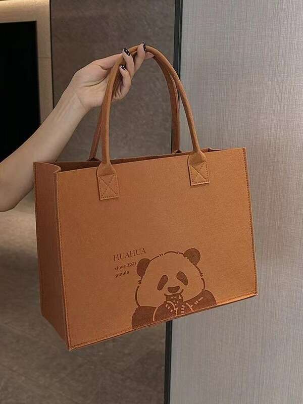 Dithering Maillard Versatile Cute Bear Felt Large Capacity Mummy Commuter Tote Bag