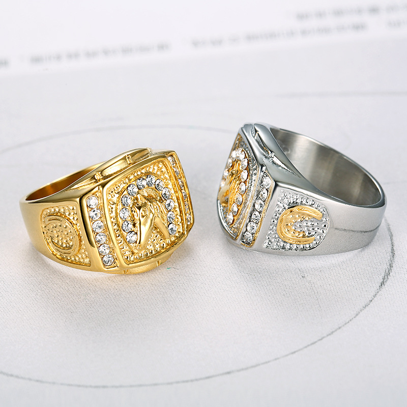 Hip Hop Stainless Steel Horse Head Casting Ring Gold Plated Gold Silver Color with Zircon