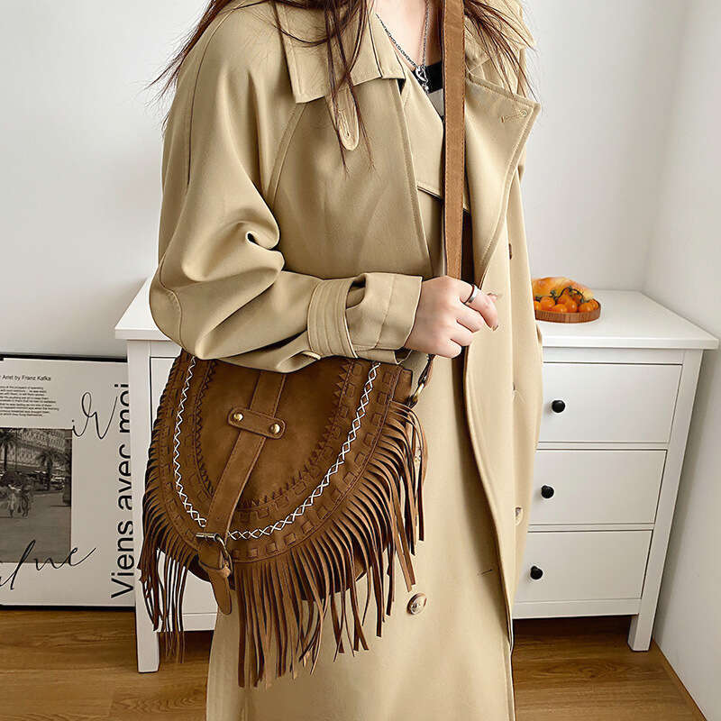 Tassel travel outfit, suede style, Bohemian hanging bag, one slanted shoulder bag