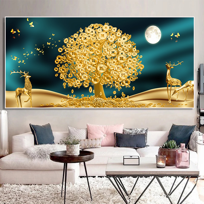 Luxury Lucky Gold Money Tree Canvas Printing Floral Plant Painting Deer and Golden Leaf Poster Home Decor Wall Art Picture Large
