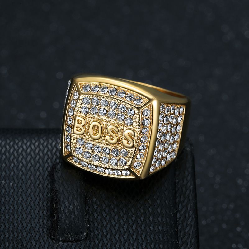 Hip Hop Square Stainless Steel BOSS Letter Casting Ring Real Gold Plated woth Zircon Jewelry