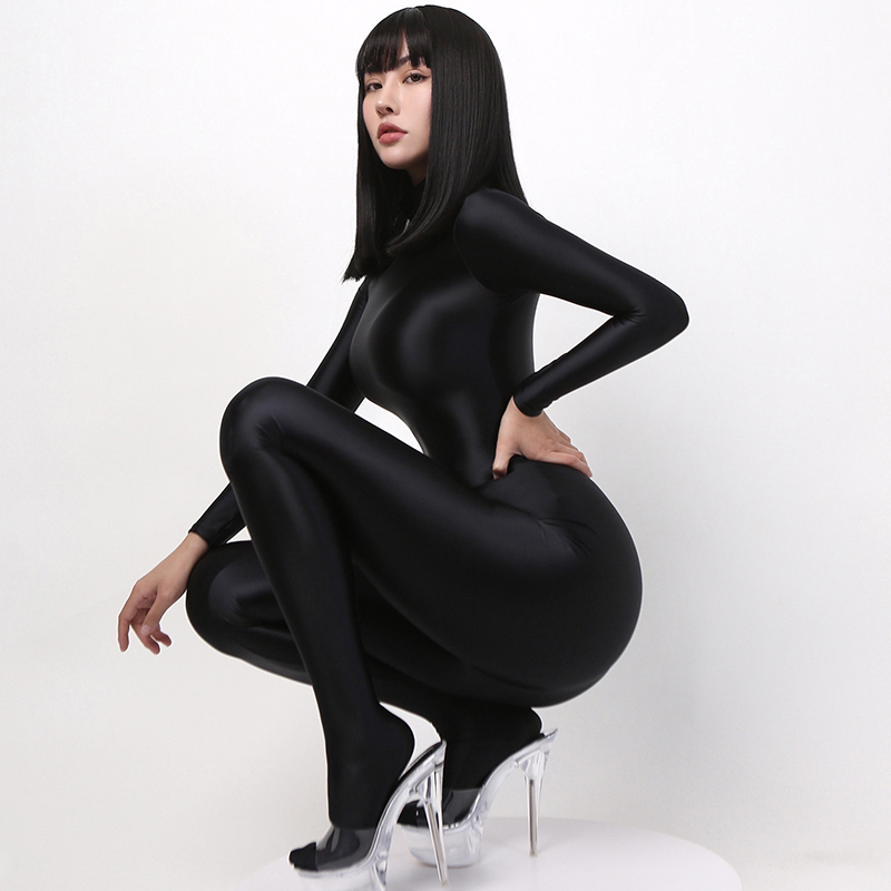 Shiny Satin Sexy Zentai Women Long Sleeve Bodysuit Full Length One-piece Tights Silky Catsuit Black Jumpsuit Clubwear Streetwear
