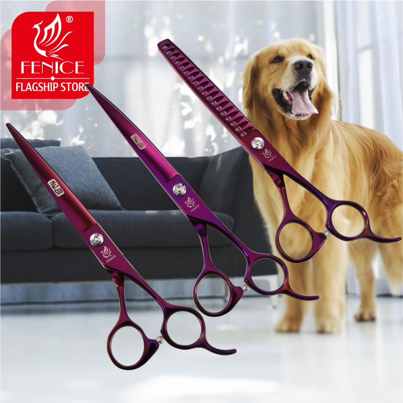 Fenice purple dog grooming scissors set pet dog scissors kit professional curved&straight&thinner shears makas tijeras