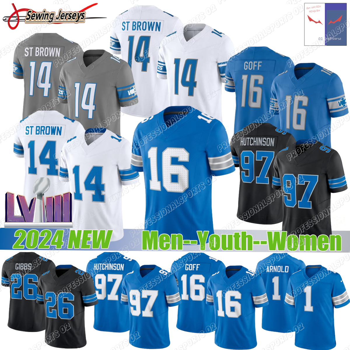 #16 Jared Goff Jersey #0 Jahmyr Gibbs #14 St Brown Detroit lionss jersey Barry Sanders Sam LaPorta Sam LaPorta Penei Sewell Jameson Williams