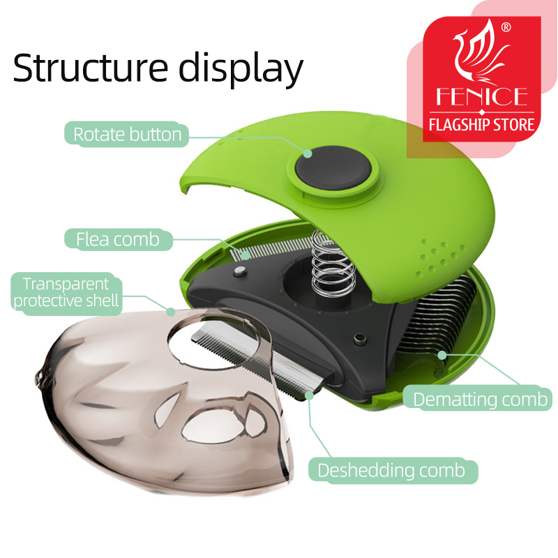 Fenice Three-in-one rotating pet Comb Dog Cat Brush Dematting Comb Tangles Deshedding open knit comb cats and dogs Flea removal