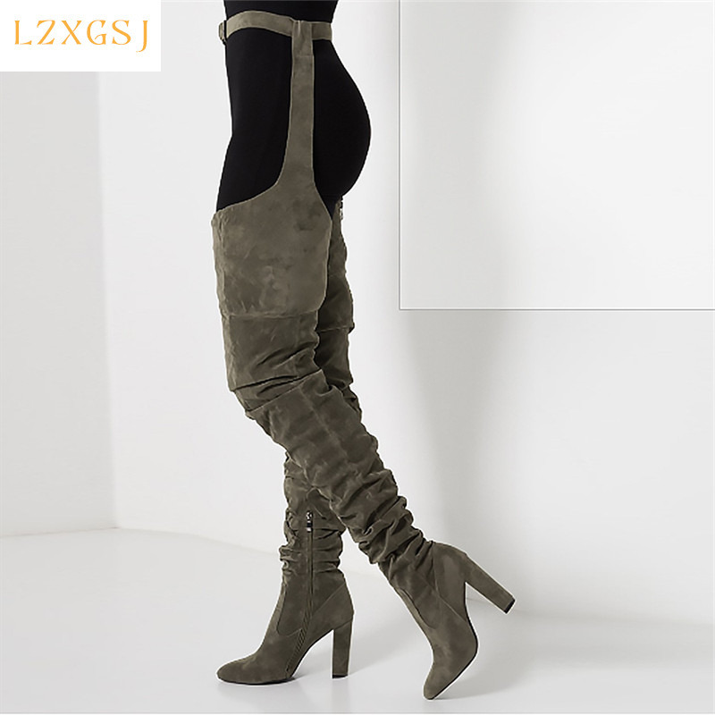 Sexy Belt Over The Knee new Boots Women 2025 Chunky High Heels Pointed Toe Suede Women's Boots With Zip Winter Street Photo Shoes