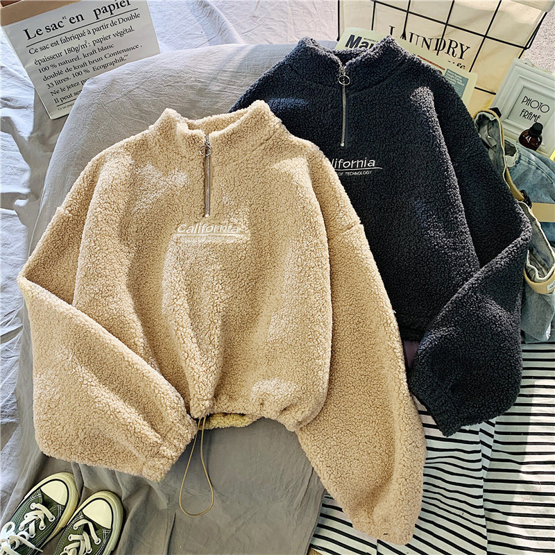 Designer's semi high neck with thick lamb wool furry short hoodie, women's Korean version, student autumn and winter warm jacket