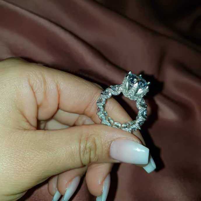 Wedding round +Asscher cut half moissanite band sier 10K solid gold engagement ring custom design