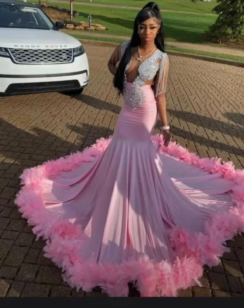 Pink African American Prom Dresses Mermaid Sheer Crystals Feather Black Girls Nigeria Robe De Soiree Evening Dress Gown