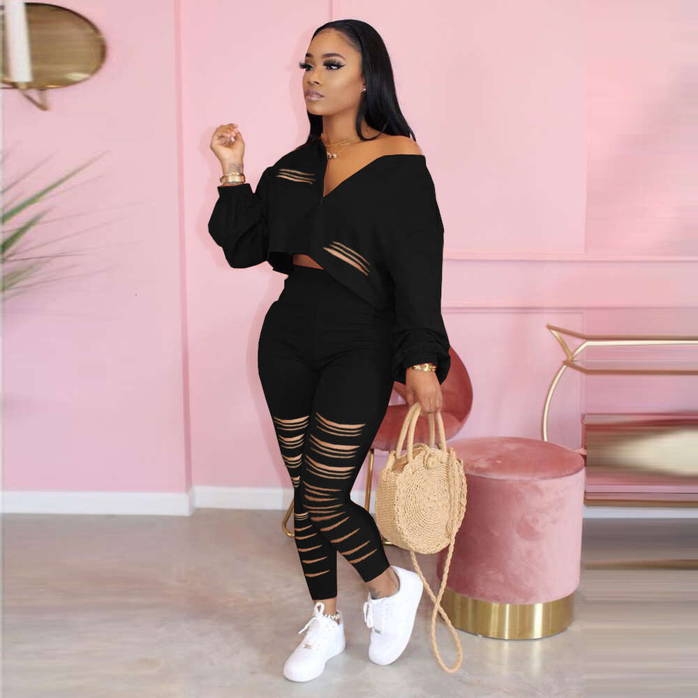 Women's 2024 Spring/summer Solid Color Burnt Sports Two Piece Set F41047