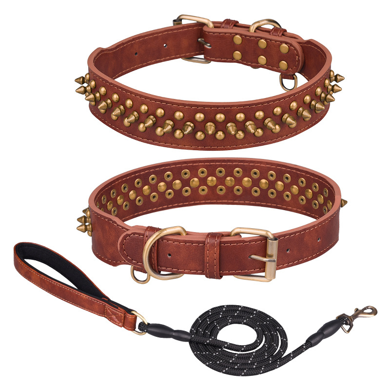 Spiked Studded Leather Dog Collar & Leash Matching Set for Medium & Large Dog Pitbull Husky Mastiff Terrier Bullet Rivet Leather