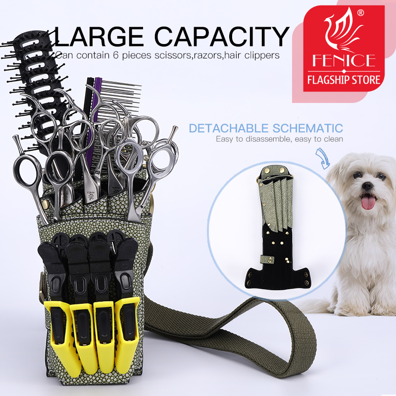 Fenice PU Leather Rivet Pet Scissor Bag Clips Bag Hairdressing Barber Scissor Holster Pouch Holder Case with Waist Shoulder Belt