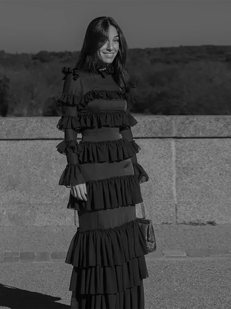 Elegant Brown Midi Cake Hem Dress For Women Sexy See Through Ruffles Long Sleeves Vestidos 2024 Fashion Evening Club Party Robes 240327