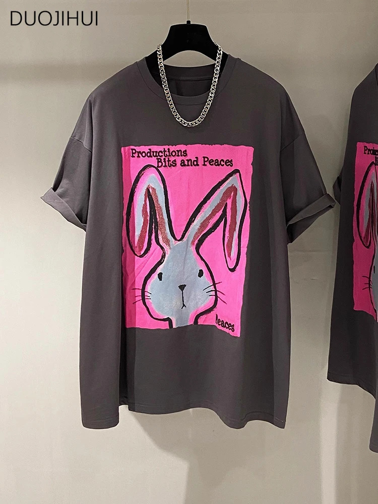 DUOJIHUI Dark Grey Summer Fashion Printed Sweet Female Tshirts Oneck Spell Color Simple Casual Street Loose Women Tshirts 240409