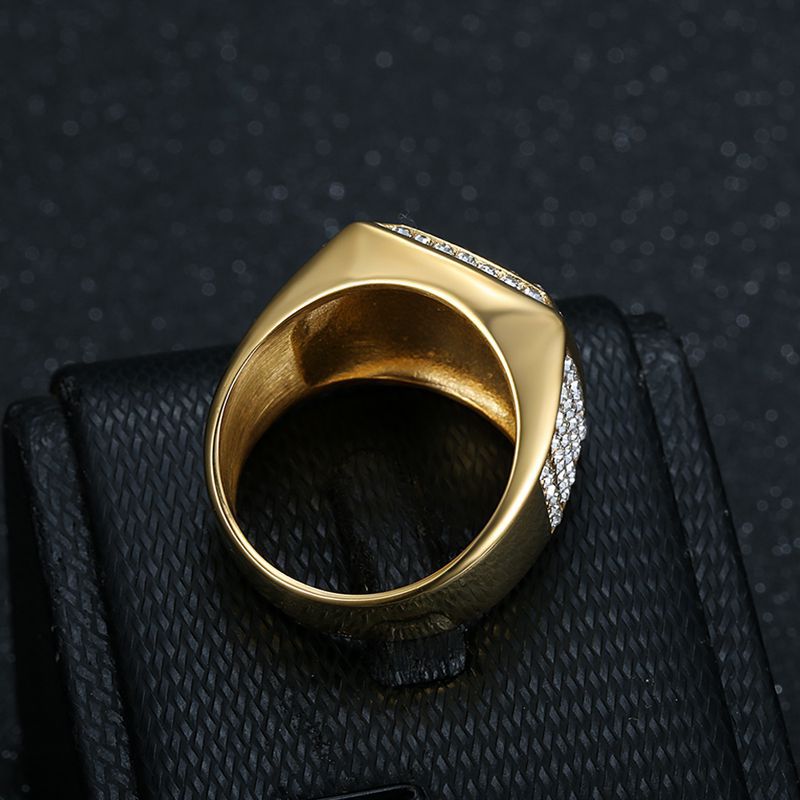 Hip Hop Square Stainless Steel BOSS Letter Casting Ring Real Gold Plated woth Zircon Jewelry