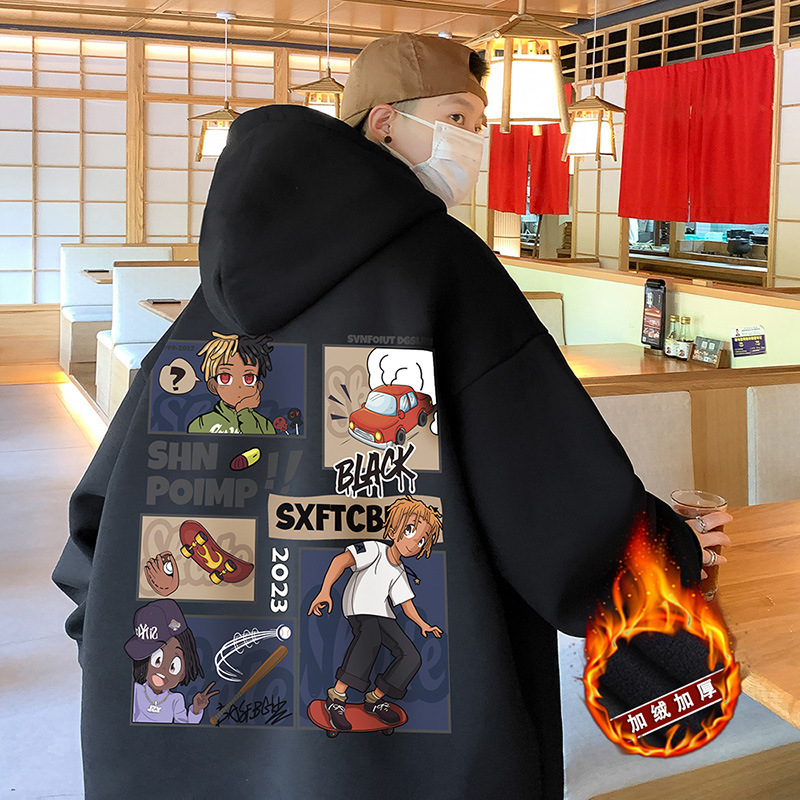 Designer hip hop high street hoodie men's winter plus plush thick loose American style trendy hooded jacket