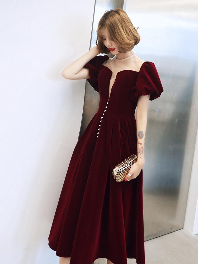 Mesh-satin Patchwork Cheongsam Pearl Puff Sleeve Qipao Bandage Evening Banquet Dresses Perspective Round Collar Sexy Vestidos