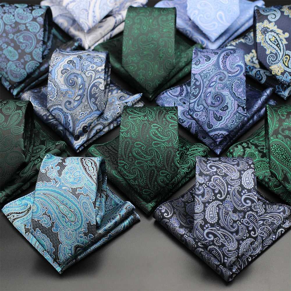7CM Jacquard Necktie Paisley Floral Mens Tie Top Quality Blue Green Busin Tie Pocket Square Set Classic For Men GiftX241109
