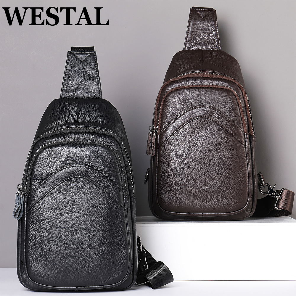 WESTAL Men's Chest Genuine Leather Shoulder Messenger Bag Men Sling Bags Travel Day Black Designer Crossbody Pack 9000