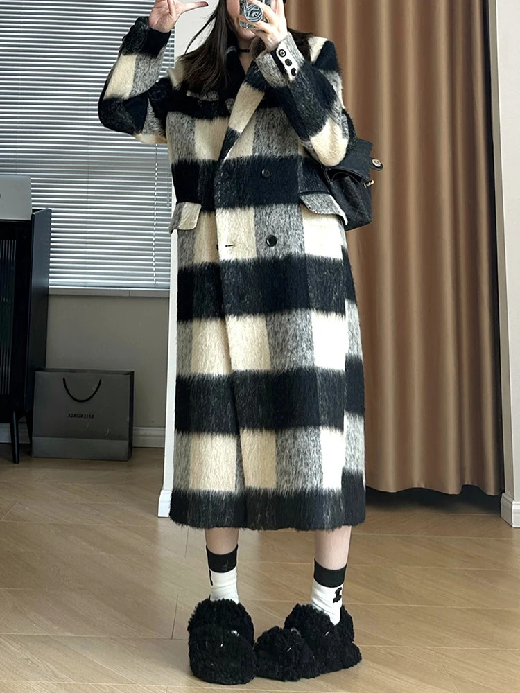 EAM plain weave thin shoulder strap long wool coat loose fit collar long sleeved womens jacket fashionable trend winter 30A2342 241108