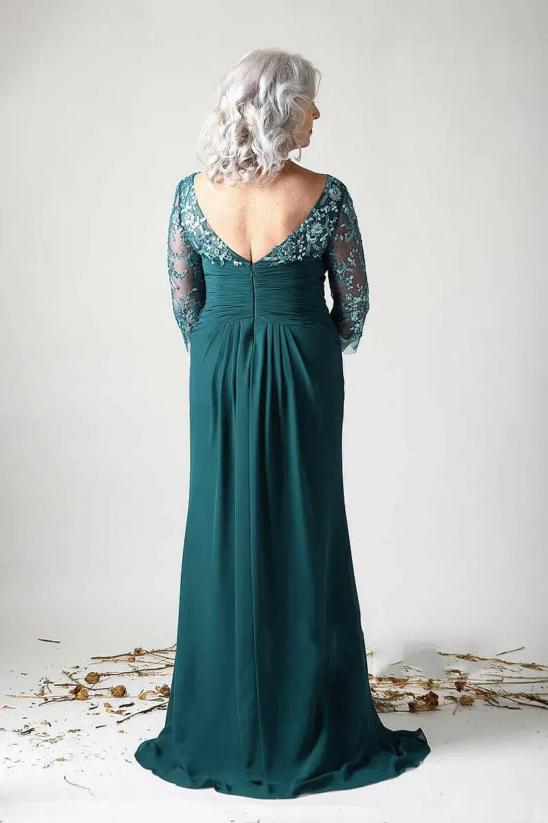 Elegant Dark Green Long Mother Of The Bride Dresses Lace Appliques Ruched Chiffon A Line Plus Size Wedding Guest Dress Open Back Groom Mom Formal Wear