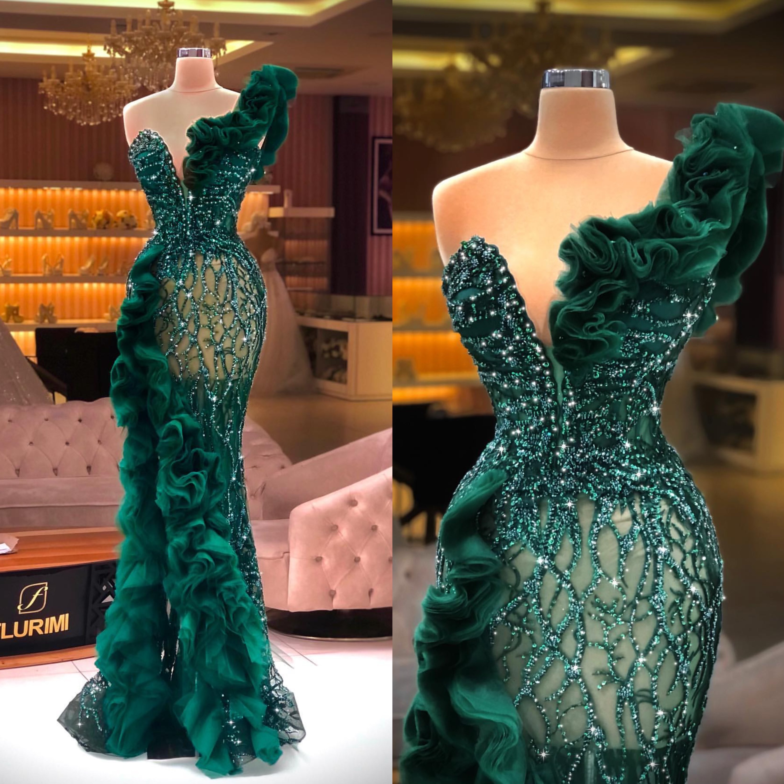 Green Crystal Mermaid Evening Elegant Side Split Ruffles Tulle Prom Dress Glitter Sequins Beads Custom Made Formal Dresses For Women