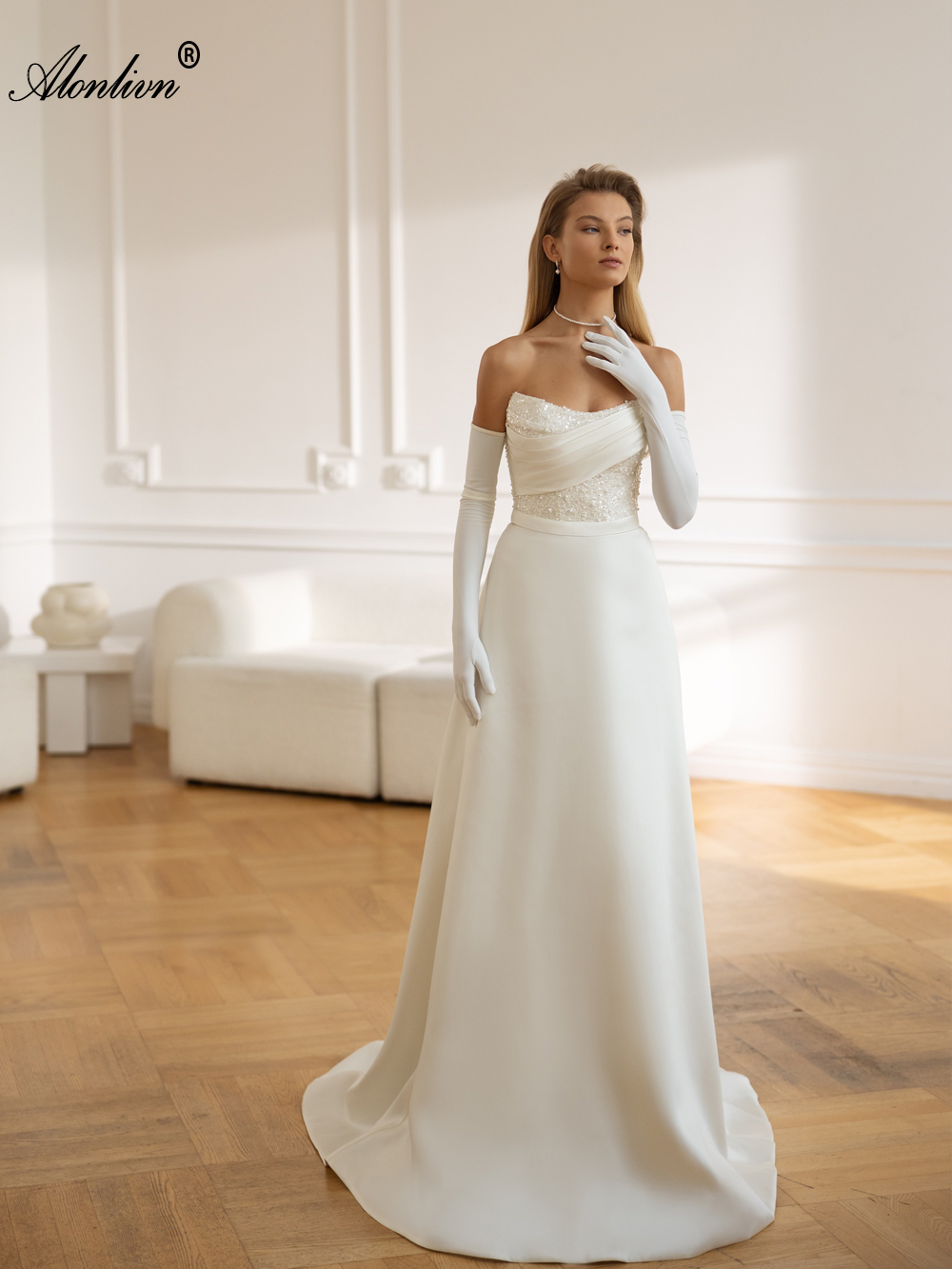 2024 Satin Fabric Boat Neck 2 In 1 Mermaid Wedding Dress Stunning Beading Pearls Lace Removable Train With Pleats Trumpet Bridal Gowns