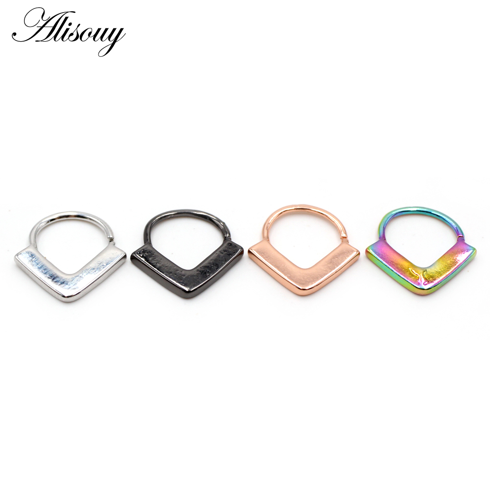 Alisouy 1pc Copper 16G V Pattern Enamel Clicker Nose Septum Ring Segment Daith Helix Hoop Nostril Earring Body Piercing Jewelry