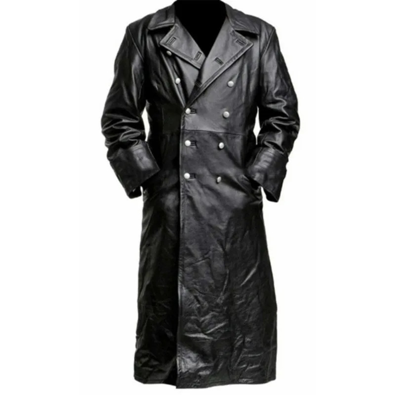 MENS GERMAN CLASSIC WW2 MILITARY UNIFORM OFFICER BLACK LEATHER TRENCH COAT t241108