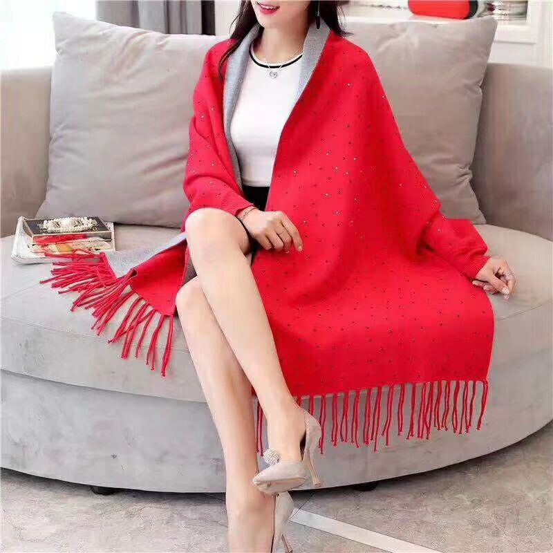 10 Colors Cloak Oversize Beading Crystal Scarf Winter Knitted Shawl Poncho Out Wear Coat Gift For Women Shinny Long Sleeves Wrap