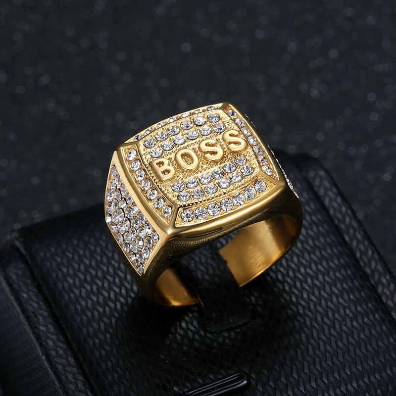 Hip Hop Square Stainless Steel BOSS Letter Casting Ring Real Gold Plated woth Zircon Jewelry